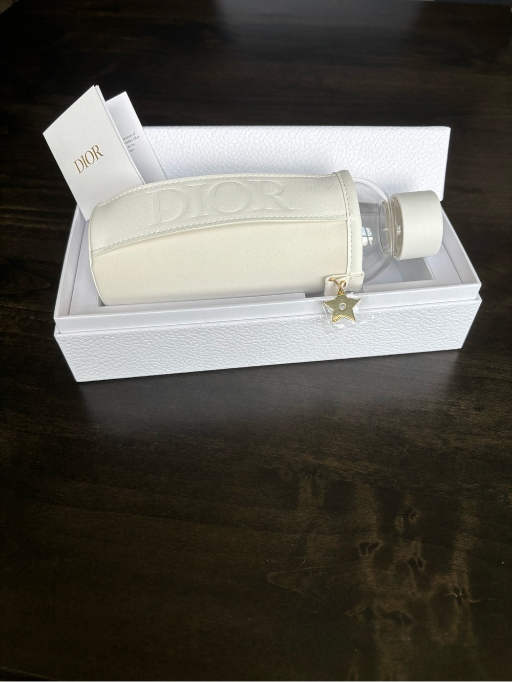 NWT Dior Cream Neoprene Bottle Sleeve with Gold Zip Charm and Glass Bottle